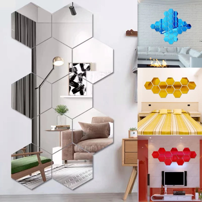 6/12pcs Hexagon 3D Mirror Wall Sticker  Home Decor