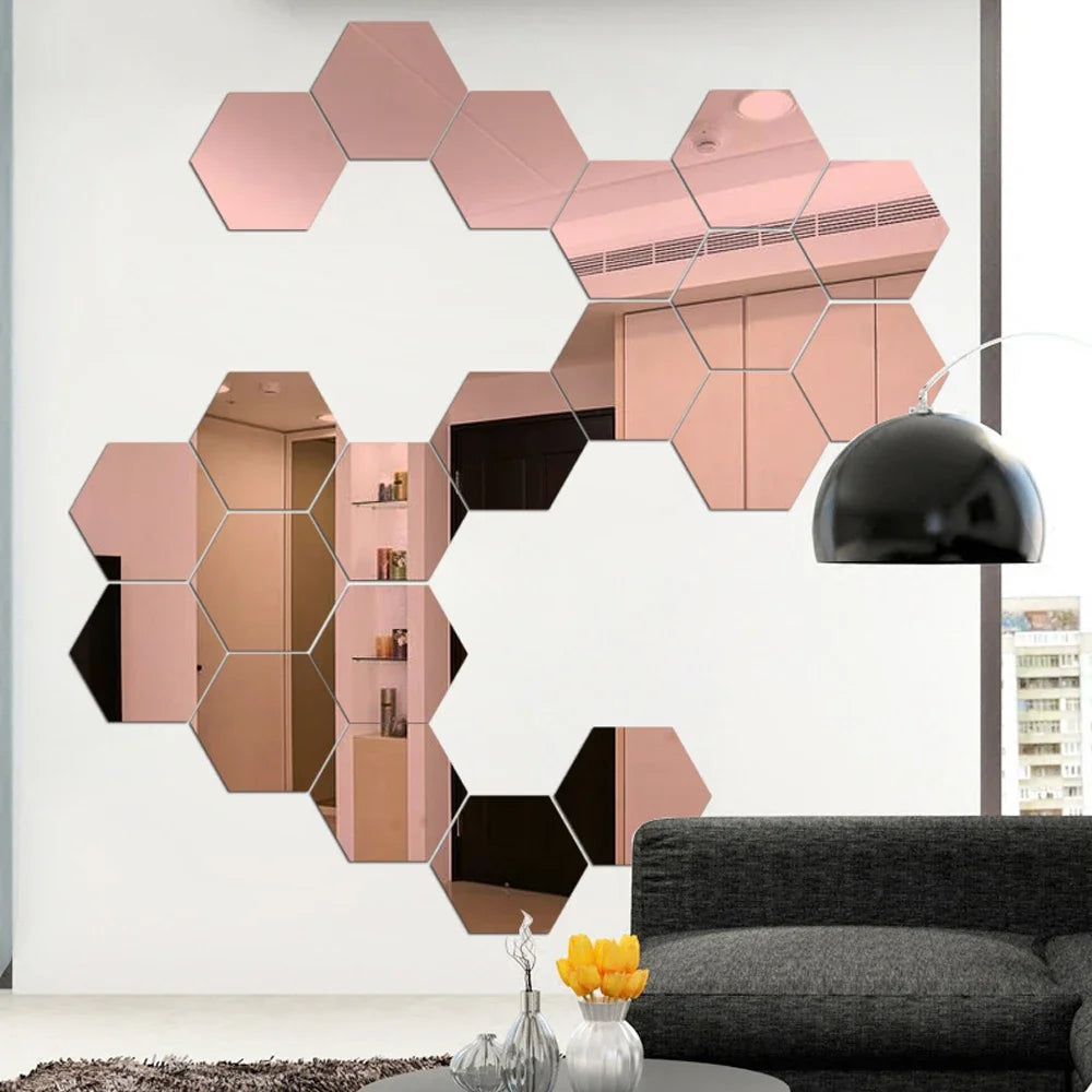 6/12pcs Hexagon 3D Mirror Wall Sticker  Home Decor